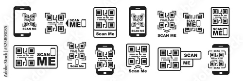 QR code icon set. Scan me vector templates. Smartphone scanning QR code. QR code frame for mobile app, buy, information and pay phone. Scan labels. Vector illustration.