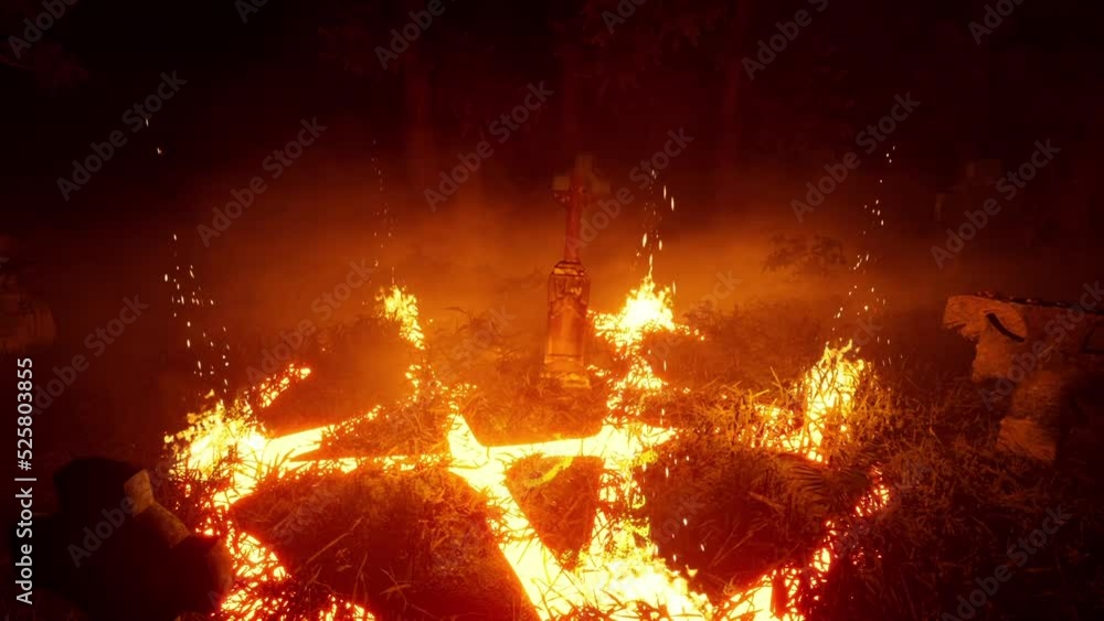 3d rendering. Halloween. Activation of a portal to summon a demon in an abandoned, old cemetery, in a forest thicket.