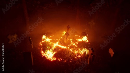 3d rendering. Halloween. Activation of a portal to summon a demon in an abandoned, old cemetery, in a forest thicket.