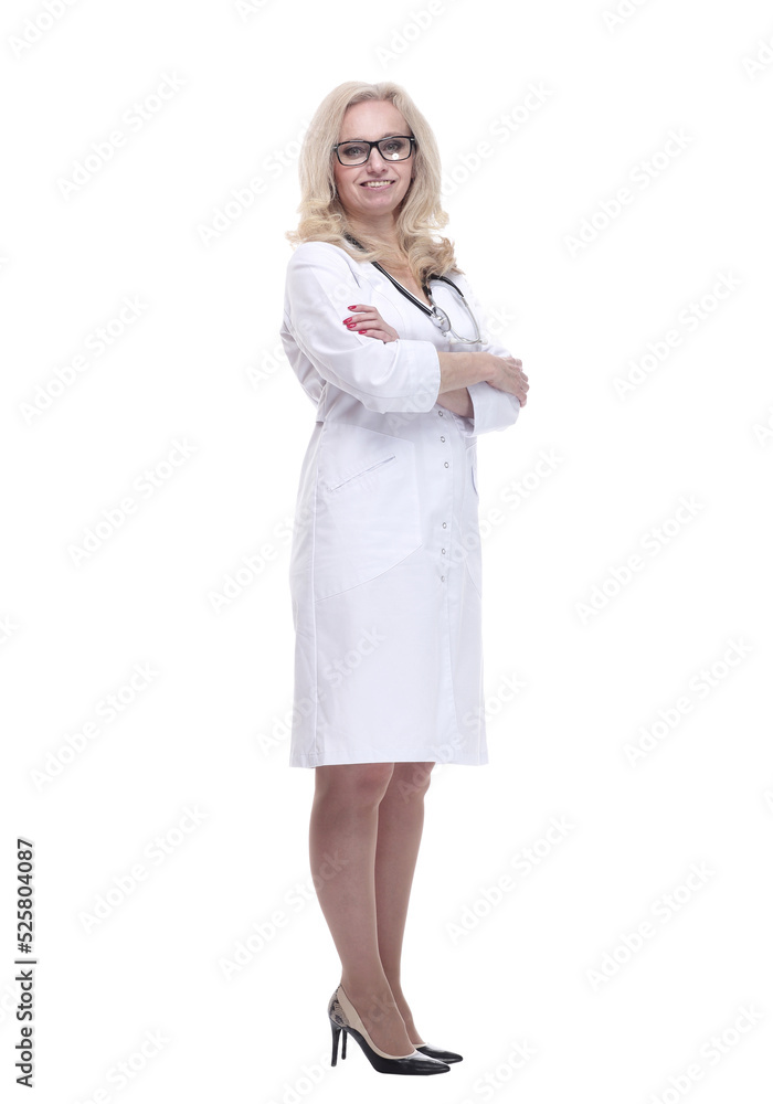 attractive woman doctor looking at you . isolated on a white attractive woman doctor looking at you . isolated on a white