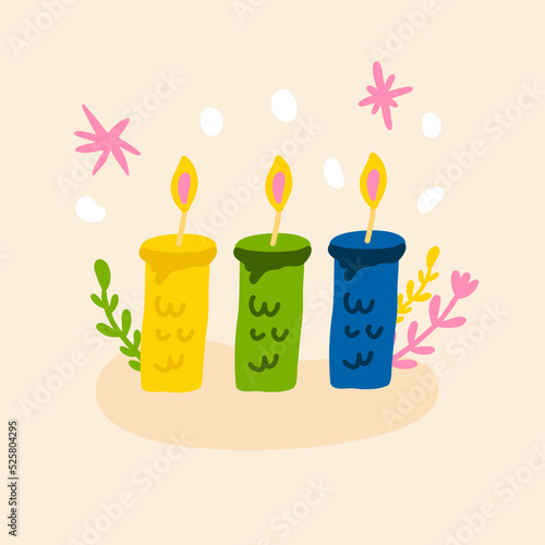 Cute hand-drawn vector illustration with candles and isolated elements. Square birthday card, holiday, greeting card. Social media image