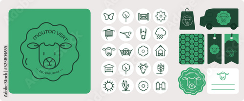 Logo label pour entreprise éco-pâturage, tonte des espaces-verts, solution écologique, zérophyto, protection de l'environnement, sauvegarde des espèces, identité de marque, picto, sticker