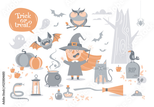 Cartoon funny Halloween set with little witch. Trick or treat.