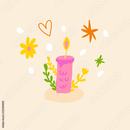 Cute hand-drawn vector illustration with a candle and isolated elements. Square birthday card, holiday, greeting card. Social media image