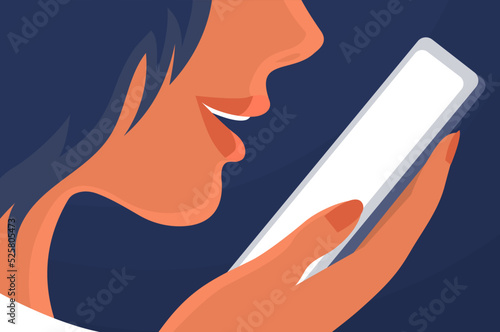 A young woman speaks on the phone. Records a voice message. Communicates in the messenger. Modern technology and lifestyle. Face and lips close up. Cartoon vector illustration