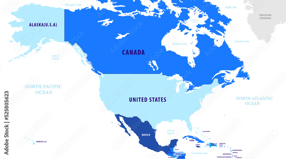 Obraz premium 北米大陸色分け地図 Colored map of the North American Continent