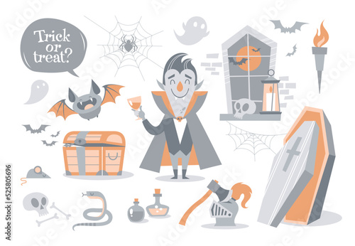 Cartoon funny Halloween set with vampire. Trick or treat.