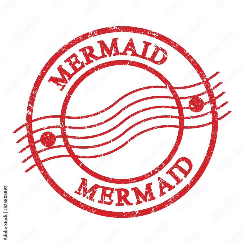 MERMAID, text written on red postal stamp. MERMAID, text written on red postal stamp.