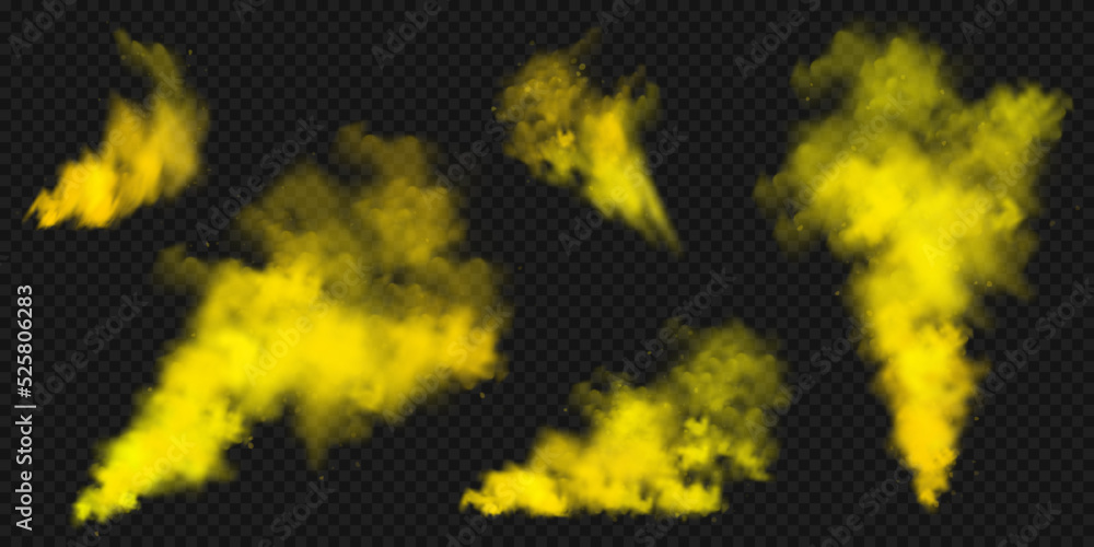 Realistic yellow colorful smoke clouds, mist effect. Colored fog on dark background. Vapor in air, steam flow. Vector illustration.