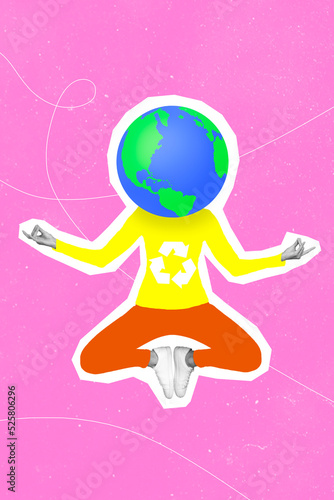 Vertical composite collage portrait of flying levitate person earth planet instead head recycling sign balance harmony support environment