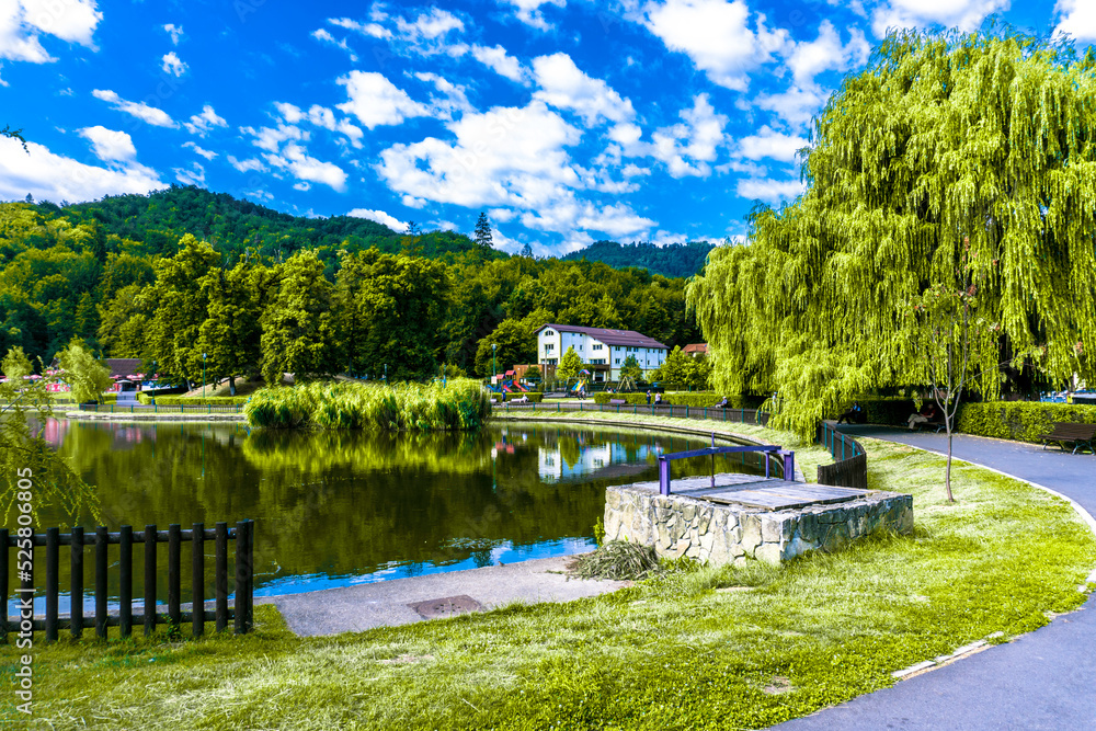 Brasov,Romania - 31 july 2022: Landscape of the Noua lake and vegetation in summer season in Brasov town, Romania