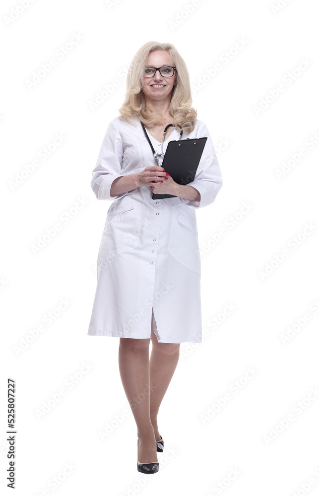 female therapist with clipboard striding forward . isolated on a white female therapist with clipboard striding forward . isolated on a white
