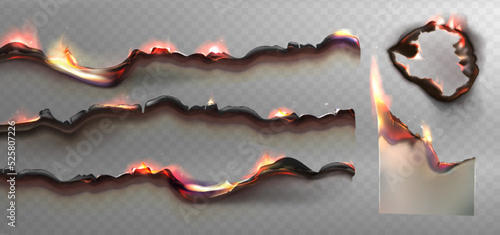 Realistic burn paper borders and holes. Charred pages with burnt uneven edges. Burned parchment sheets with fire and smoldering black ash 3d vector illustartion isolated on transparent background.