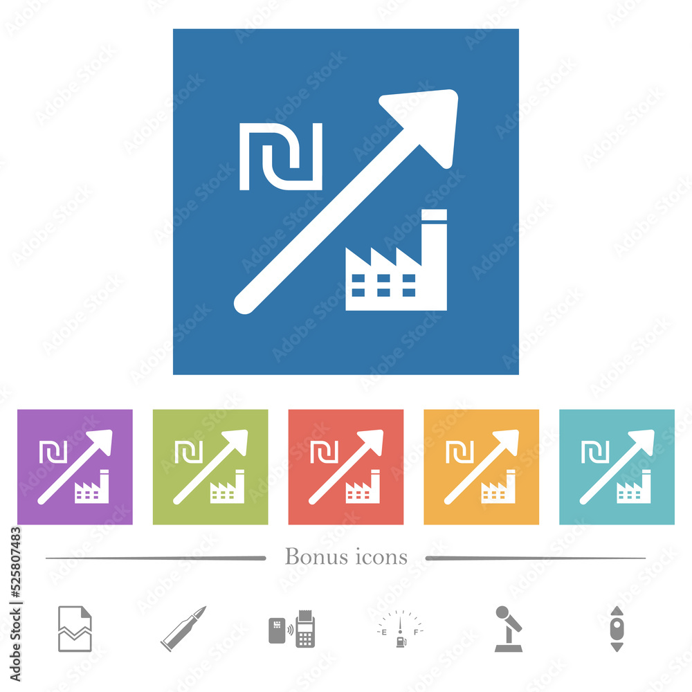 Rising power plant israeli new shekel prices flat white icons in square backgrounds Rising power plant israeli new shekel prices flat white icons in square backgrounds