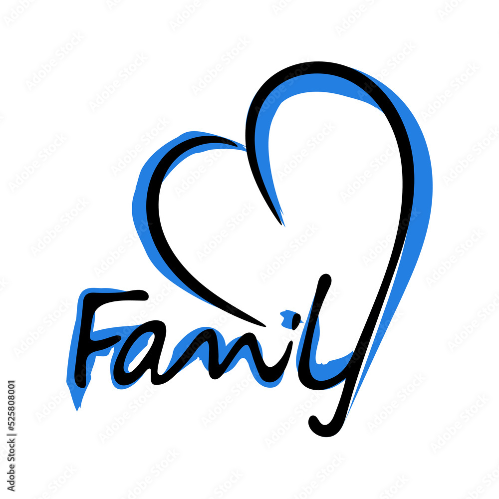 Vector illustration of a heart and the inscription Family. Blue shadow painted with a brush. Logo isolated on white background. Vector illustration of a heart and the inscription Family. Blue shadow painted with a brush. Logo isolated on white background.