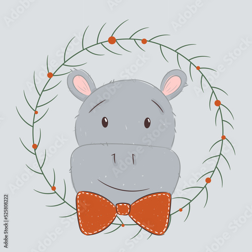 Hippopotamus is a boy in an abstract New Year's wreath. Hand drawing for children. Sloppy color illustration for printing. Vector illustration for kids room.
