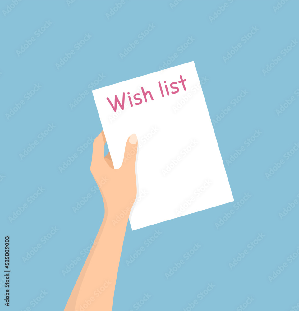 A hand holding a white sheet of paper with a wish list on a blue background. Flat vector illustration A hand holding a white sheet of paper with a wish list on a blue background. Flat vector illustration