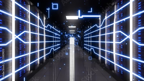 View of server racks in server room data center. Exchanging cyber datas and connections. Network security. Working blue center. 3d Animation