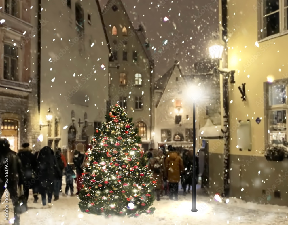 Winter Christmas tree decotaion on street in medieval city Tallinn old town