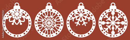 Set of laser cut templates of Christmas decoration vector design. Merry Christmas balls with snowflakes for the Christmas tree. X-mas symbol for New Year decorations, paper and wood cutting, printing.