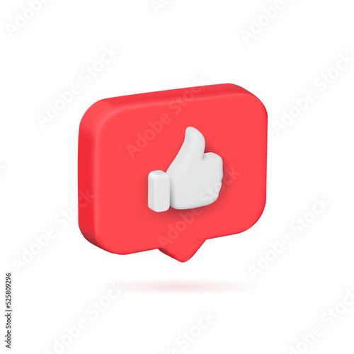 Red bubble like thumb up button or icon or feedback concept isolated on white background 3d rendering