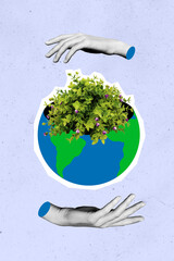 Safe people earth concept collage of two hands helping forest ecosystem isolated purple color background