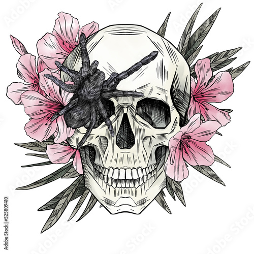 Watercolor skull, tarantula and oleander flowers print.Colorful halloween illustration. Perfect for greetings, invitations, manufacture wrapping paper, textile and web design.Watercolor gothic print.