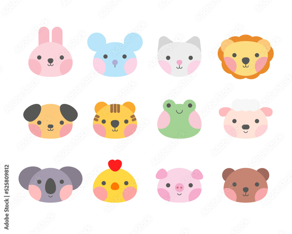 Cute animal head collection trendy style. Zoo set, lion, cat, mouse, rabbit, sheep, tiger, frog, dog, bear, pig, chicken, koala