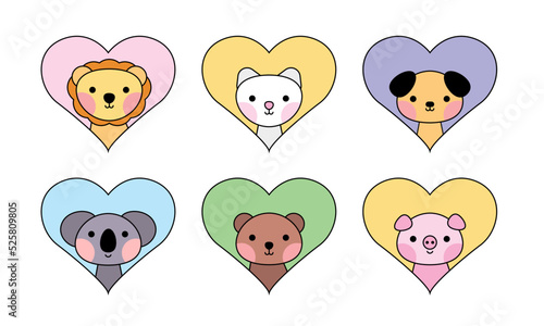 Cute animal icon set. Pet in heart