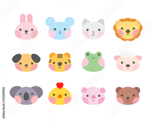 Fototapeta Naklejka Na Ścianę i Meble -  Cute animal head collection trendy style. Zoo set, lion, cat, mouse, rabbit, sheep, tiger, frog, dog, bear, pig, chicken, koala