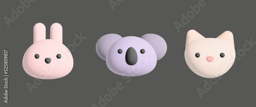3d minimal vector icon of rabbit, koala, cat head