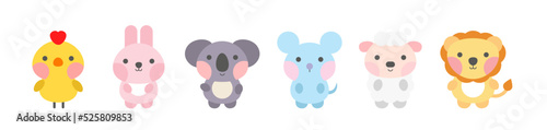 Cute animal collection childish style. Cartoon vector illustration of lion, mouse, rabbit, sheep, chicken, koala