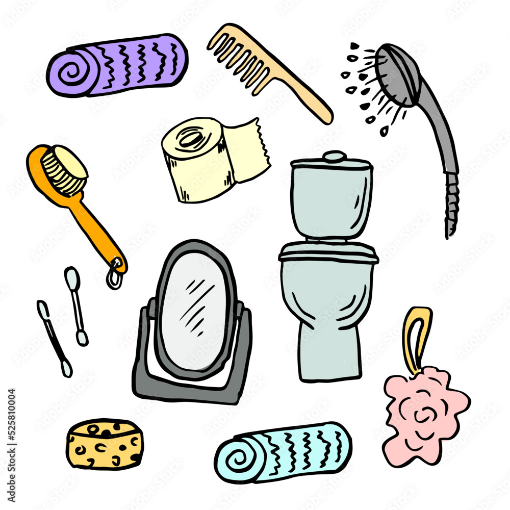 Hand drawn doodle Bathroom icons set. Vector home bath symbols collection. Doodle sketch toilet and shower. Bathtub lavatory, towel, Hand drawn doodle Bathroom icons set. Vector home bath symbols collection. Doodle sketch toilet and shower. Bathtub lavatory, towel,