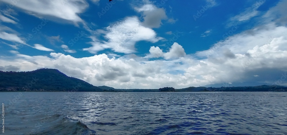 Beautiful view of the lake, hills and sky