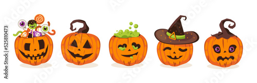 Pumpkin set for Halloween. Orange pumpkins with a scary smile of joy carved, with sweets and in a witch's hat. Cartoon vector illustration
