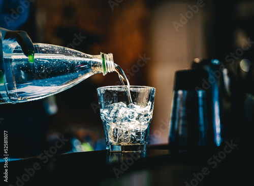 Fotografie Woman bartender making cold gin tonic cocktail in bar