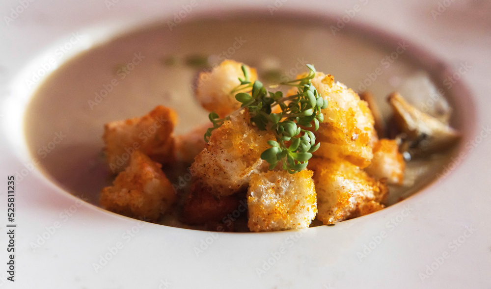 Mushroom soup with croutons and herbs in a white plate. Tasty healthy dish, close-up. Food in a restaurant. Mushroom soup with croutons and herbs in a white plate. Tasty healthy dish, close-up. Food in a restaurant.
