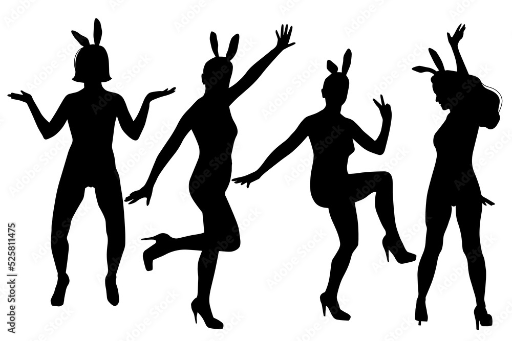 Black silhouette of dancing girls with hare ears. Black silhouette of dancing girls with hare ears.