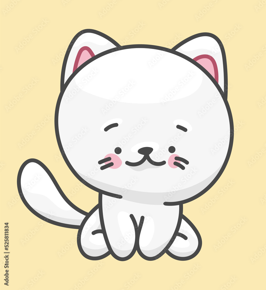 Obraz premium White cat, pet character. Cute drawing in kawaii style.