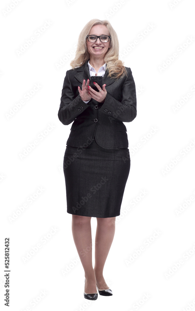 smiling business woman using her smartphone. isolated on a white smiling business woman using her smartphone. isolated on a white