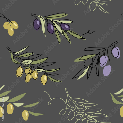 Olives vector seamless pattern on grey background