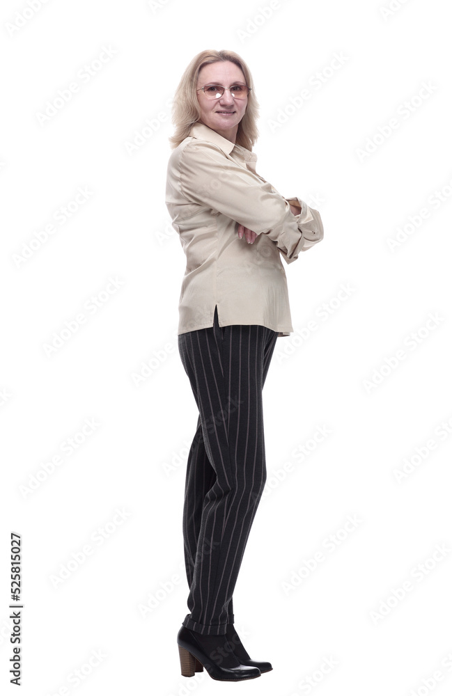 smiling woman in striped trousers looking at you smiling woman in striped trousers looking at you