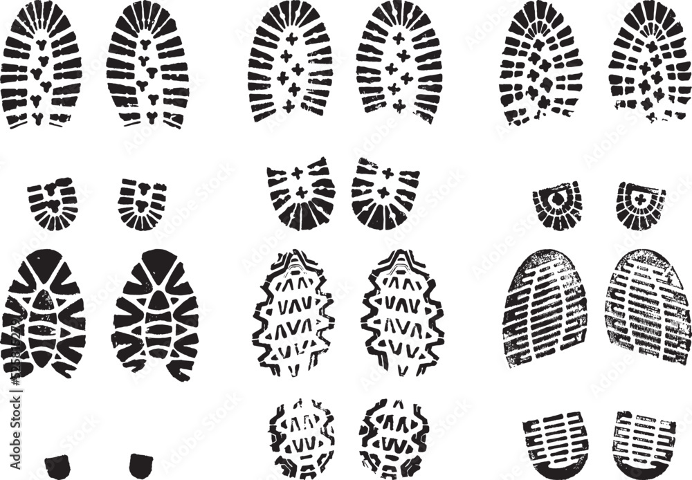 Set of scanned and converted into vector images double footprints stamped with black ink Set of scanned and converted into vector images double footprints stamped with black ink