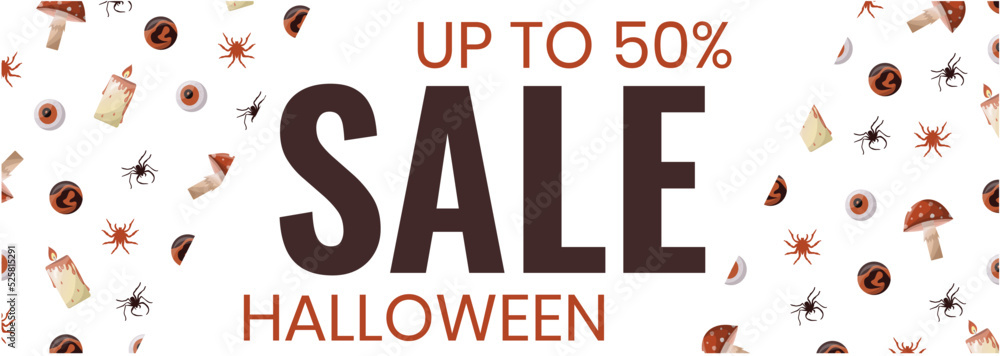 Fototapeta premium Promo sale flyer or banner of a special Halloween sale in purple, orange and yellow colors. With spiders, pumpkins. Vector illustration for offer, banner, flyer, advertising, promotion, commercial.