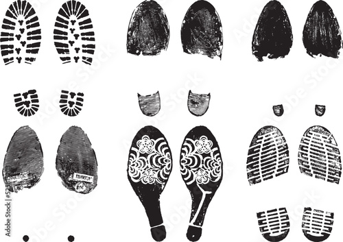 Set of scanned and converted into vector images double footprints stamped with black ink
