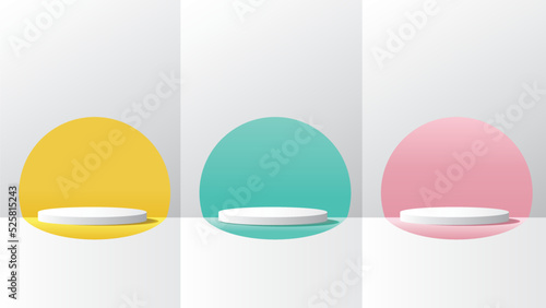 Set of white realistic 3D cylinder podium with pastel yellow, green, and pink in semi-circle backdrop vector background.