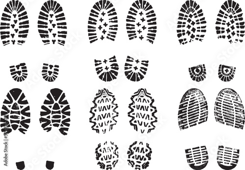 Set of scanned and converted into vector images double footprints stamped with black ink