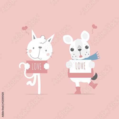 cute and lovely hand drawn cat and dog holding paper with love, happy valentine's day, flat vector illustration cartoon character costume design