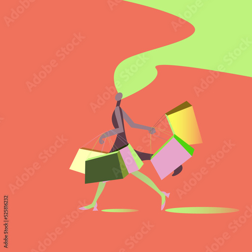 Dark-skinned girl with shopping bags flat illustration