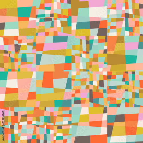 Abstract geometric vector background with random pattern of simple shapes like rectangle, square, triangle and polygon. Pastel colored retro style colorful mosaic.